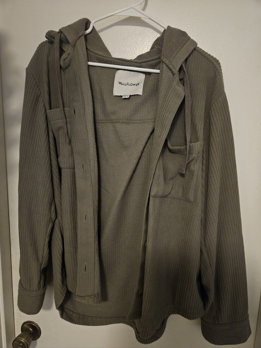 Wallflower Womens Olive Ribbed Corduroy Hooded Button Up Jacket